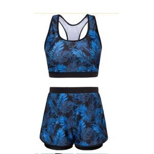 Womens Blue & Black Swimsuit Tropical Print Sports Bra Lined Boy Shorts Set 2XL